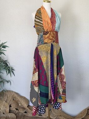 VTG Silk Patchwork Halter Maxi Dress Boho Festival  Y2K One Size M L